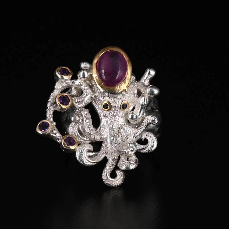 Sterling Silver Ruby, Sapphire, and Amethyst Octopus Ring