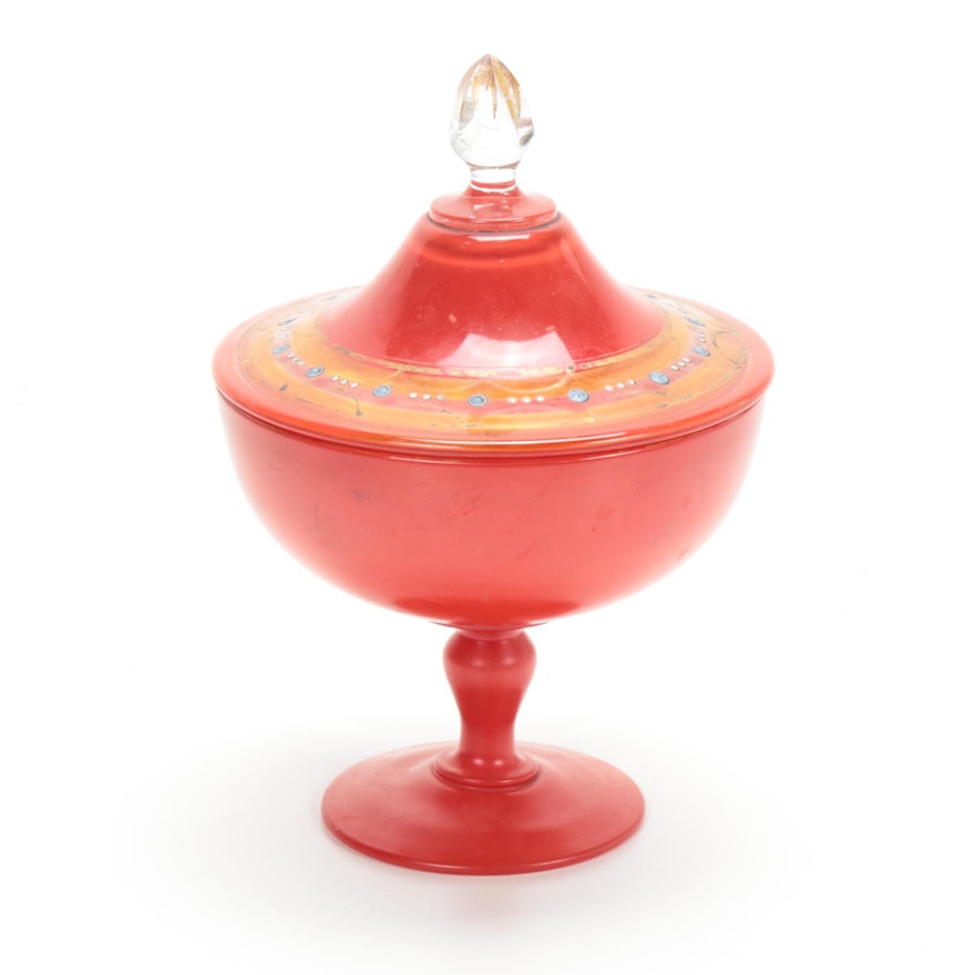 Reverse Painted Red Glass Lidded Candy Dish, 20th Century