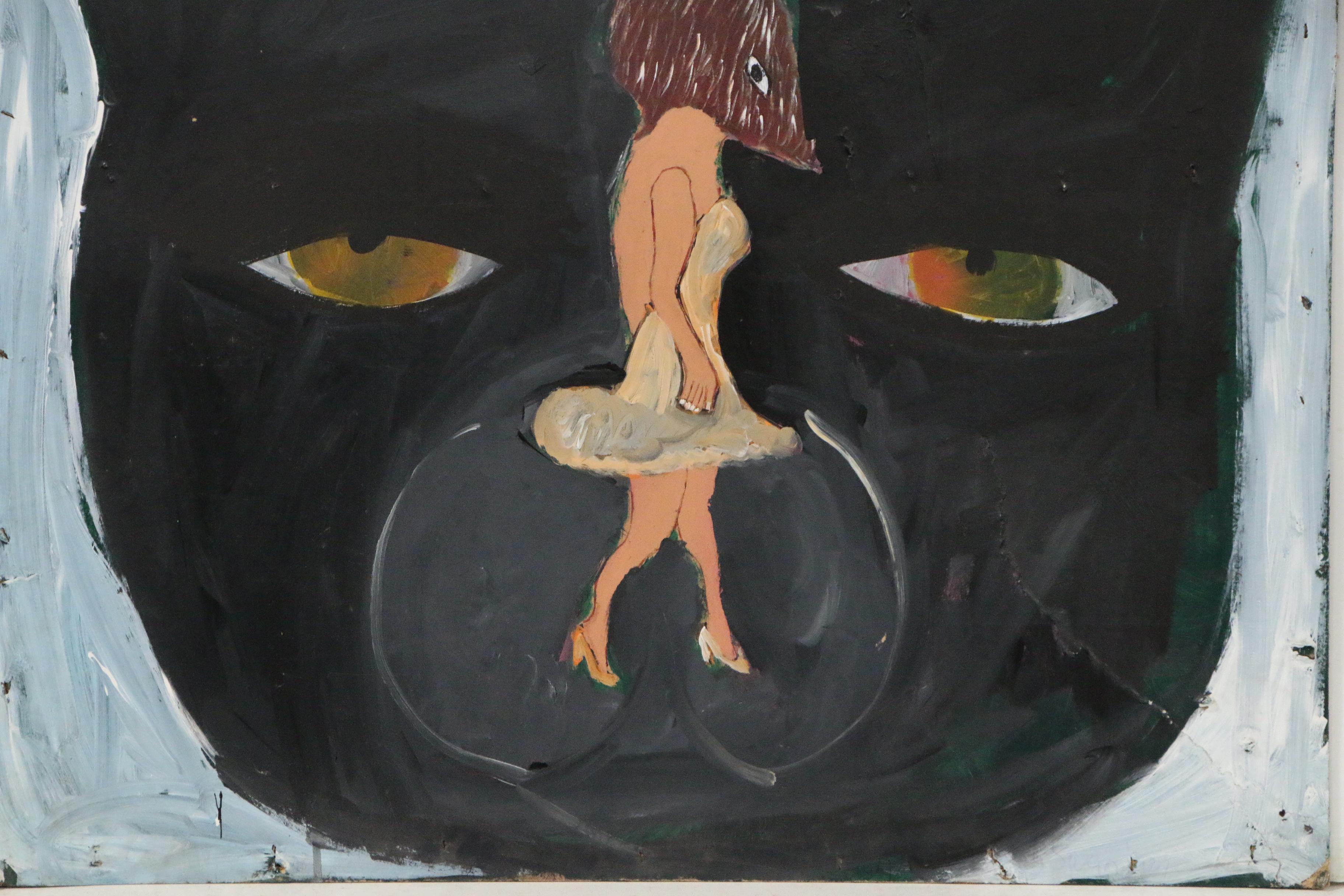 Earl Swanigan Outsider Art Acrylic Painting "Pussy Cat", 21st Century