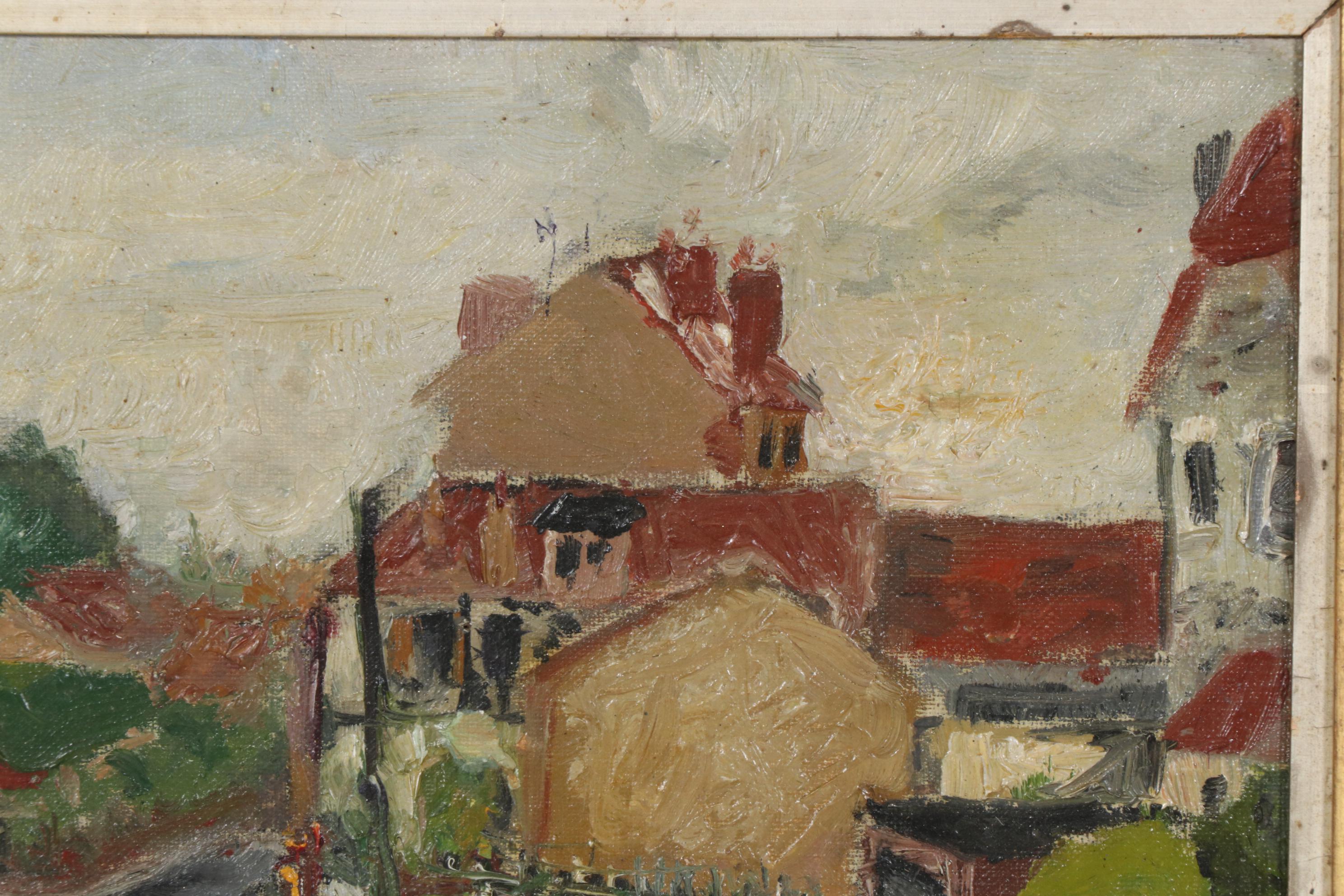 Village Street Landscape Oil Painting, 1958