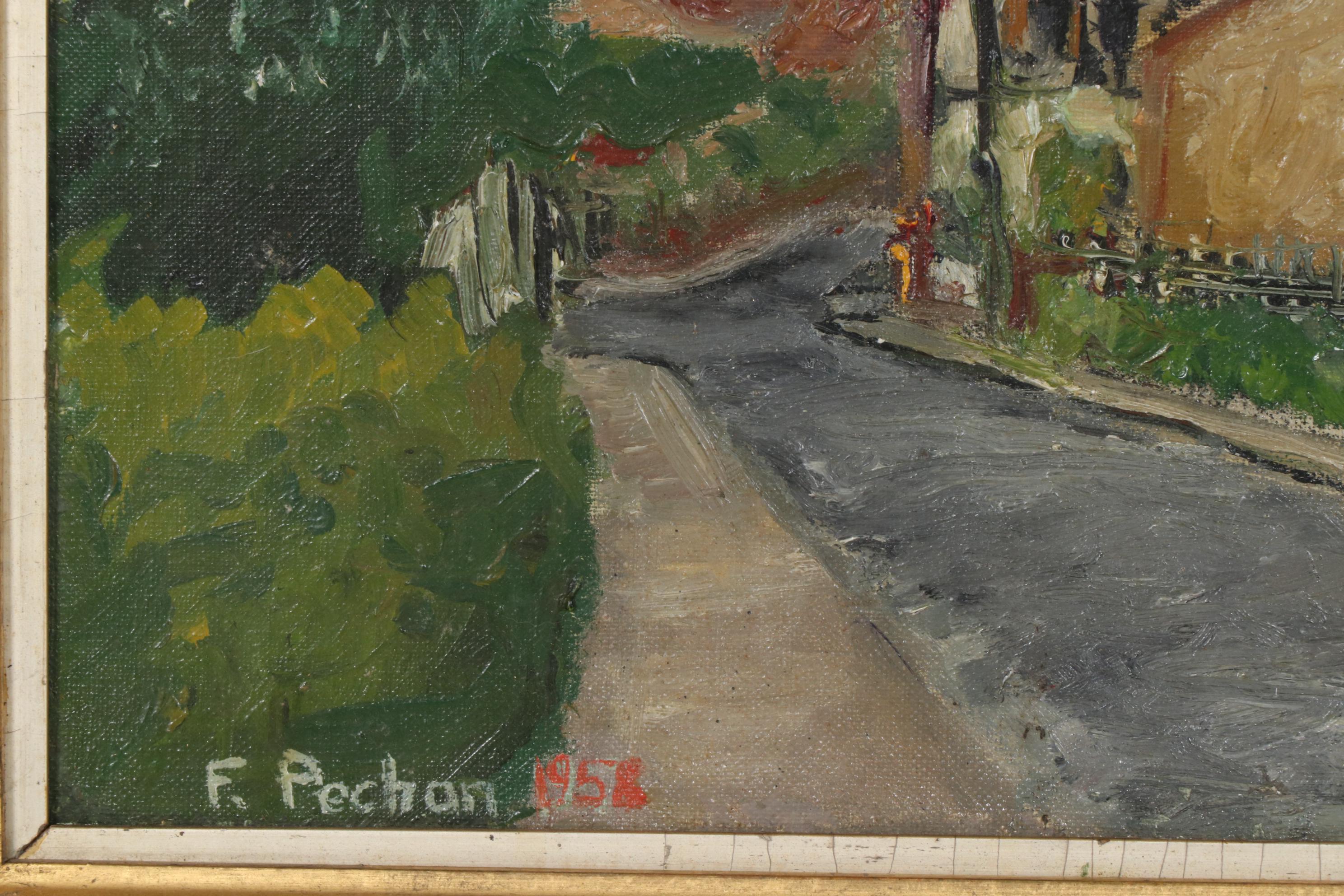 Village Street Landscape Oil Painting, 1958