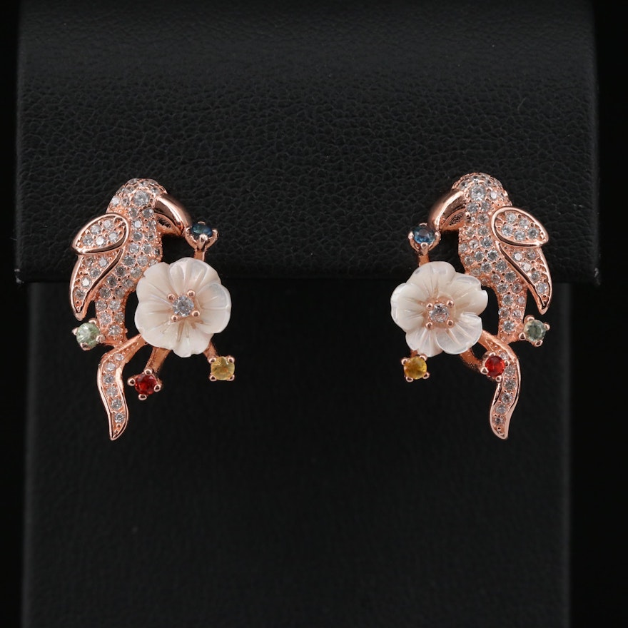 Sterling Mother of Pearl, Sapphire and Cubic Zirconia Parrot and Floral Earrings