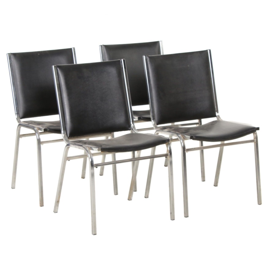 Modern Chrome and Black Faux Leather Side Chairs, Mid-20th Century