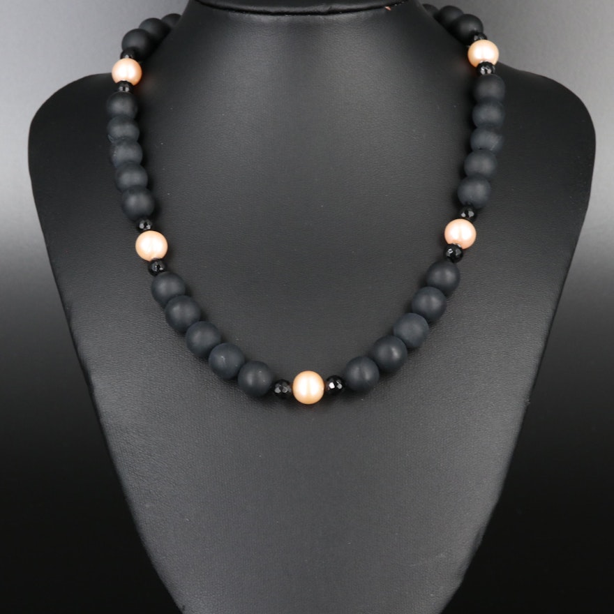 Sterling Silver Onyx, Pearl and Black Onyx Necklace
