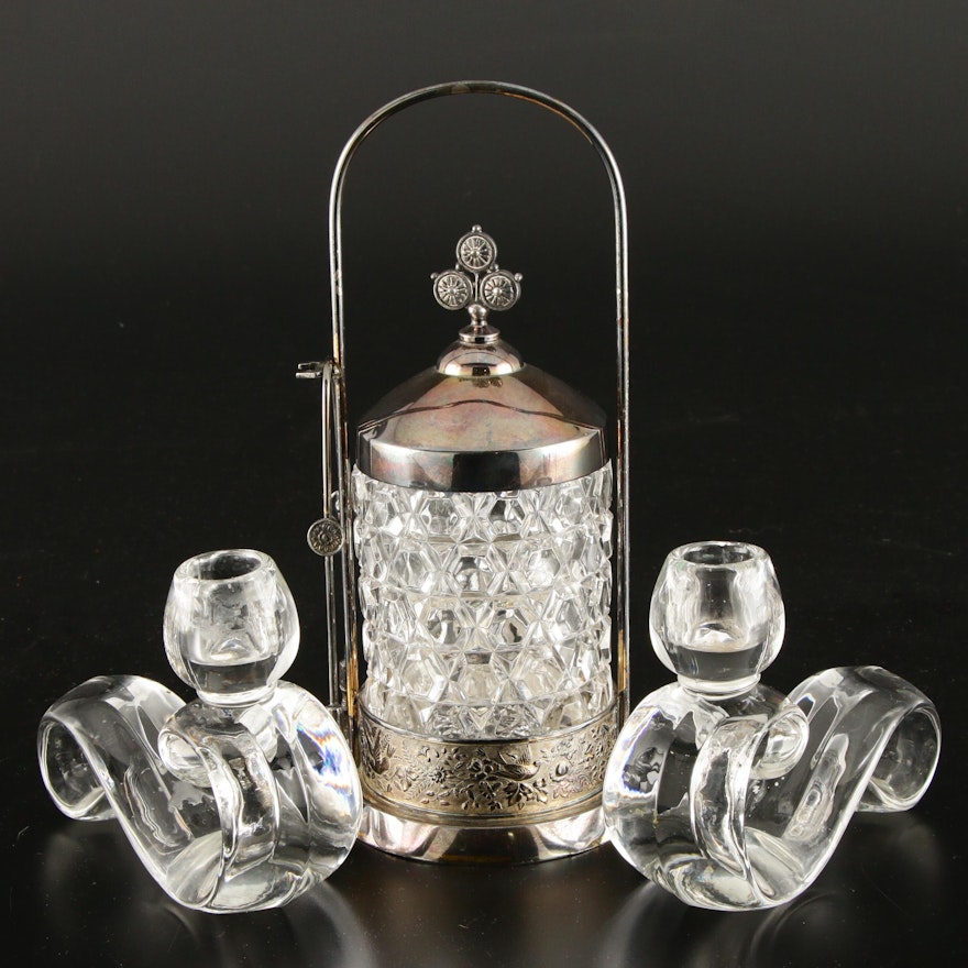 Silver Plate Lidded Ice Bucket with Tongs and Crystal Candle Holders