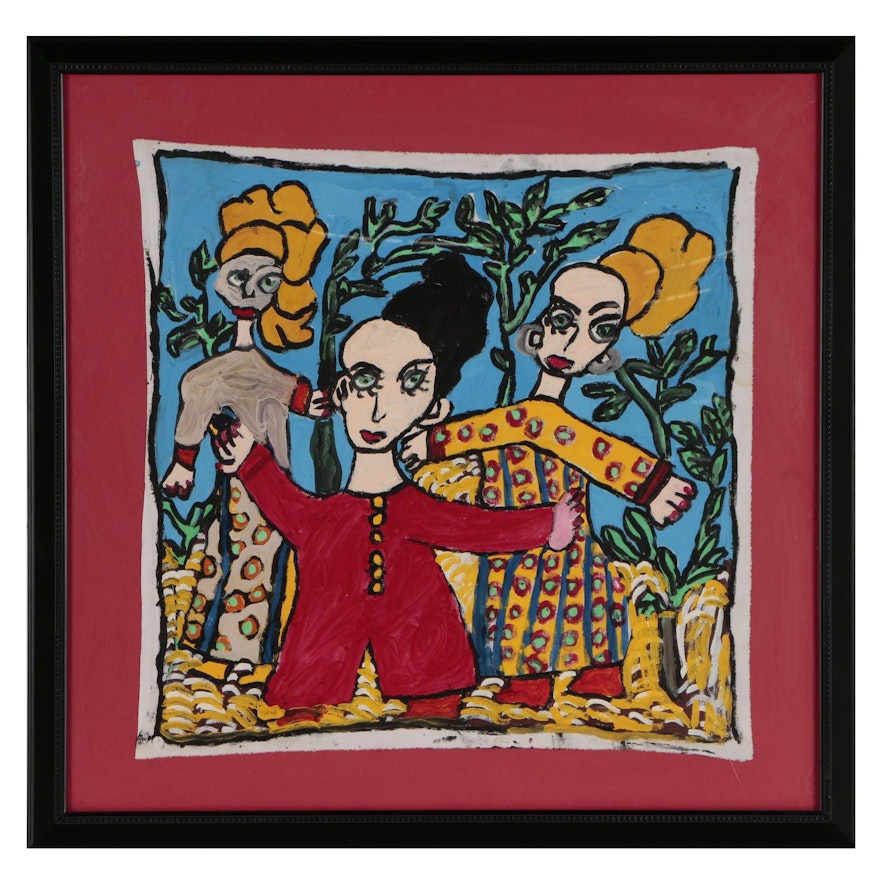 Folk Art Acrylic Painting of Three Women