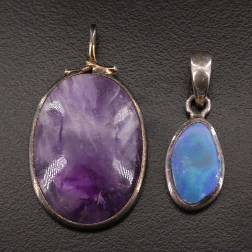 Sterling Silver Opal Doublet Pendant with Amethyst Pendant