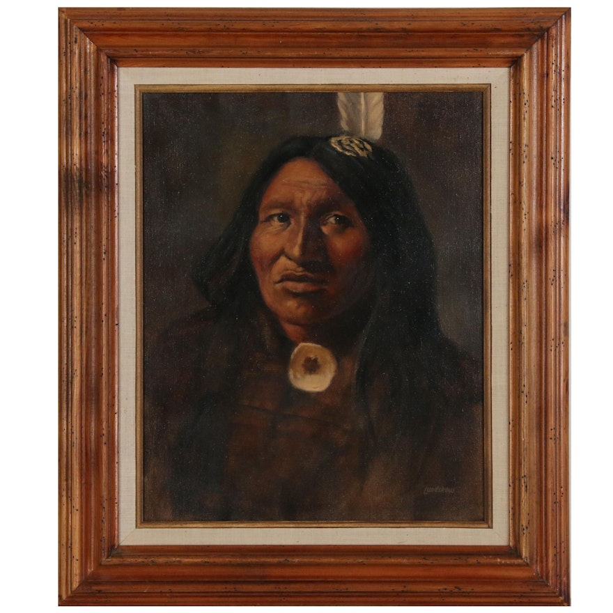 Roger Lundskow Native American Portrait Oil Painting, Late 20th Century