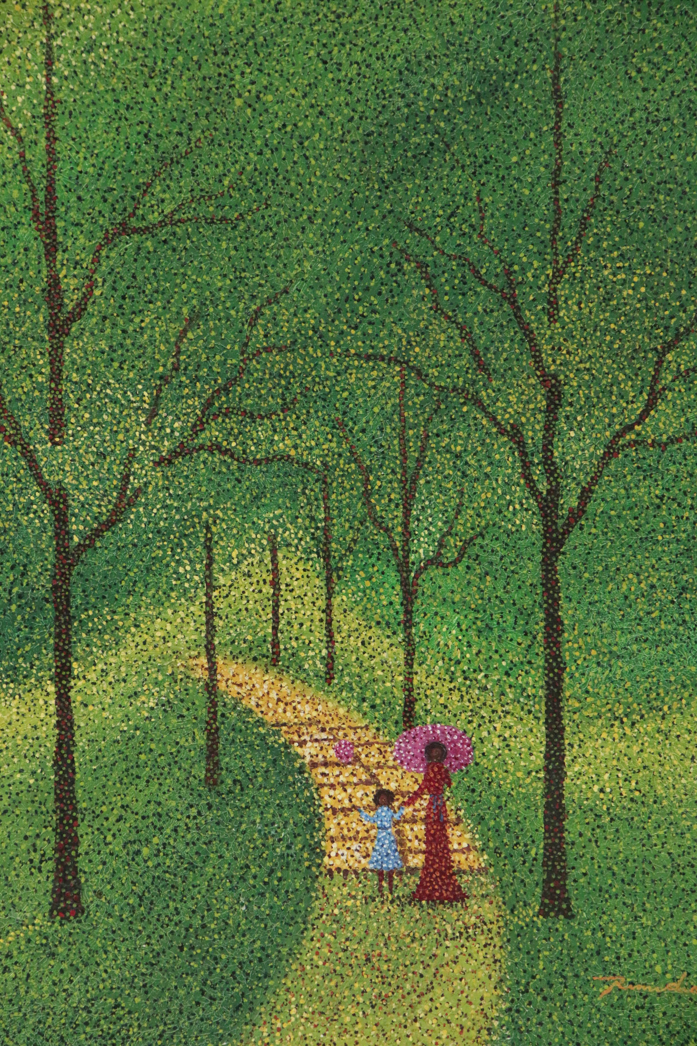 Pointillist Style Oil Painting of Two Figures Walking