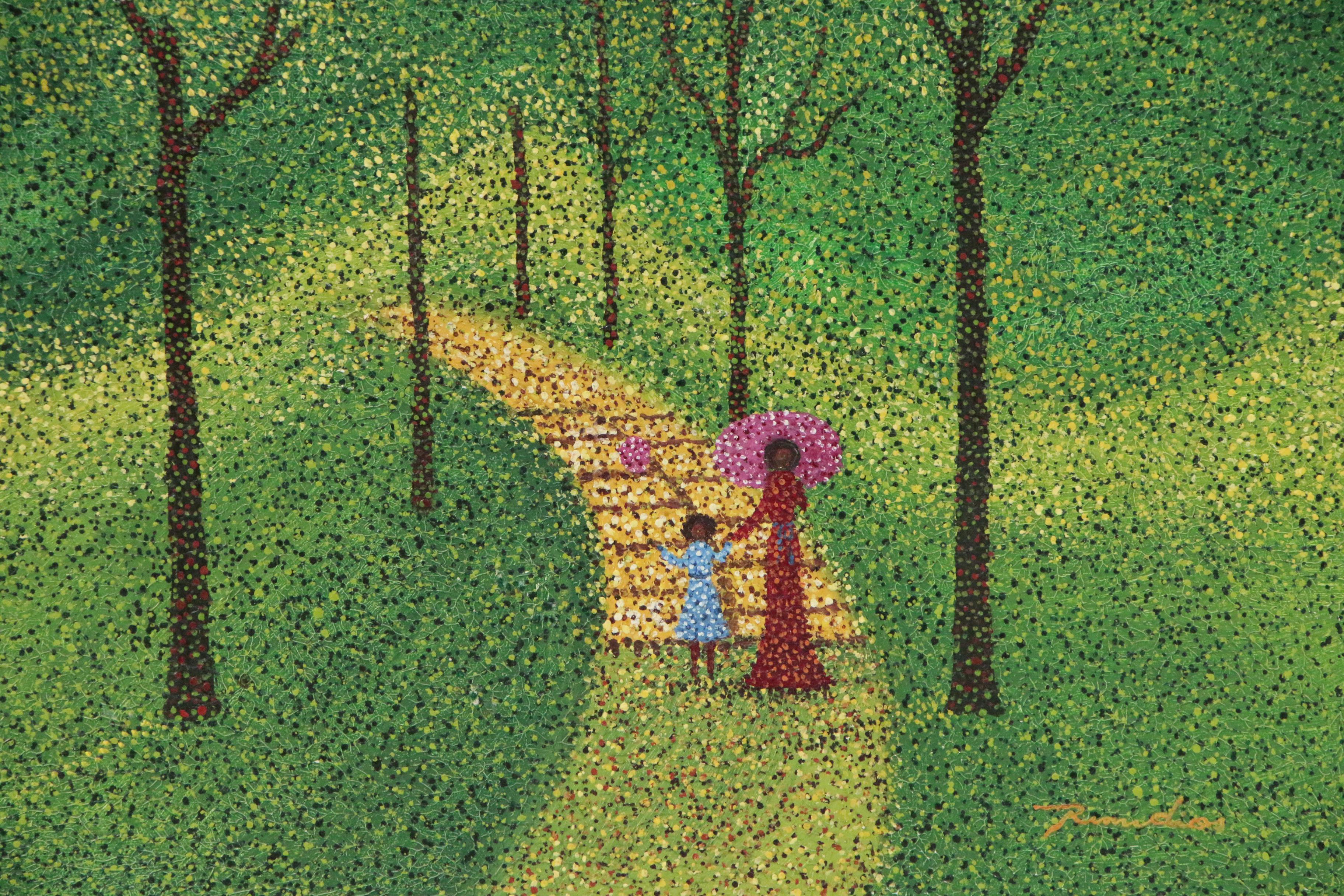 Pointillist Style Oil Painting of Two Figures Walking