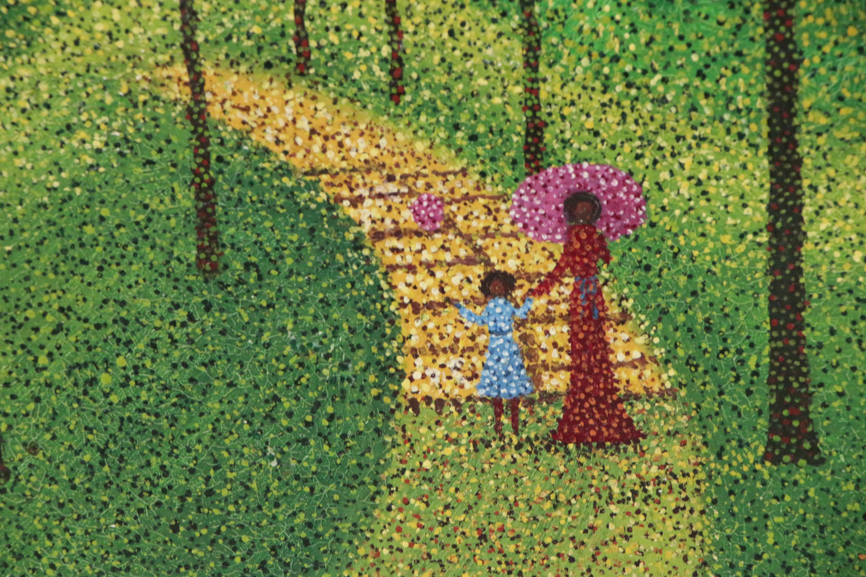 Pointillist Style Oil Painting of Two Figures Walking