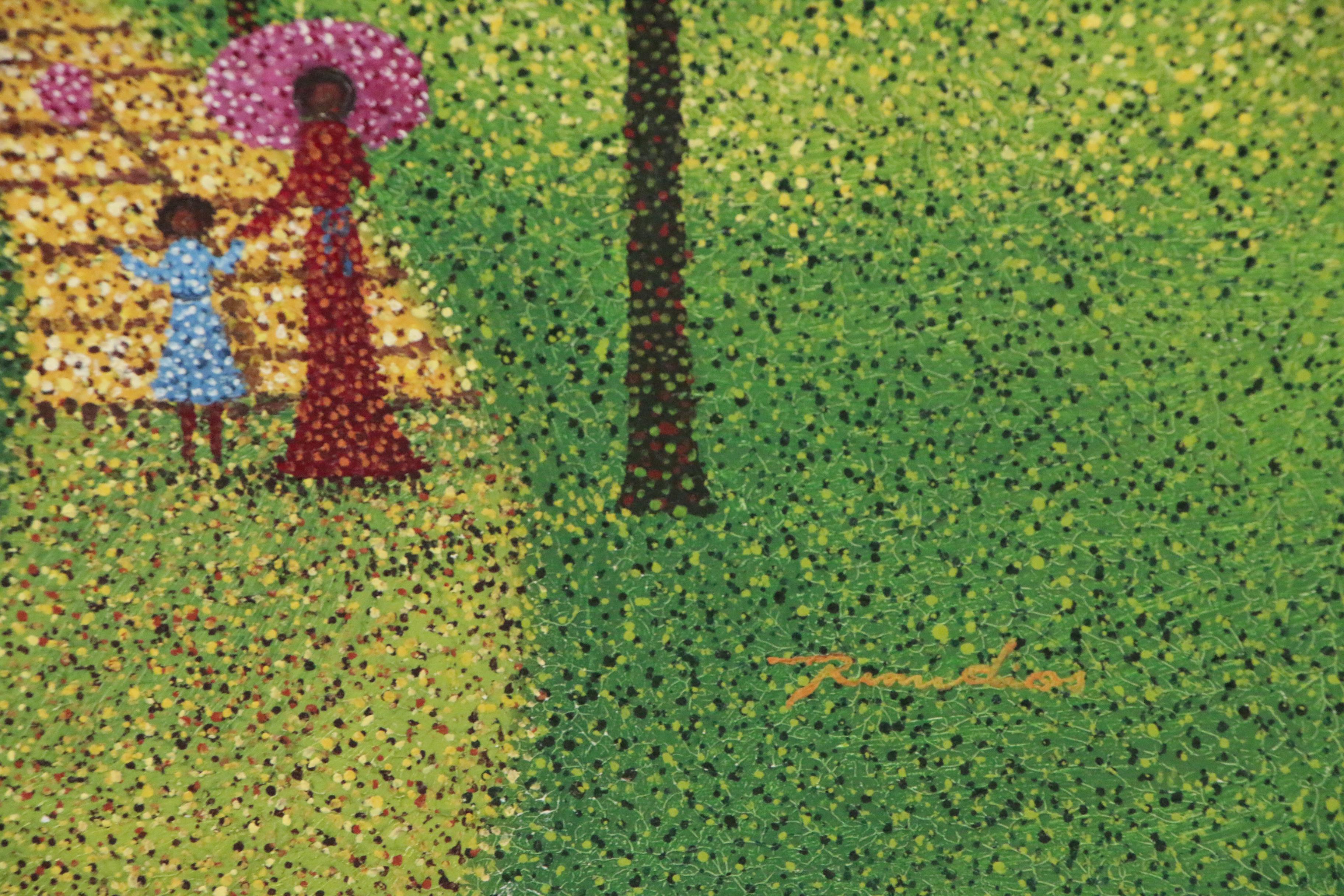 Pointillist Style Oil Painting of Two Figures Walking
