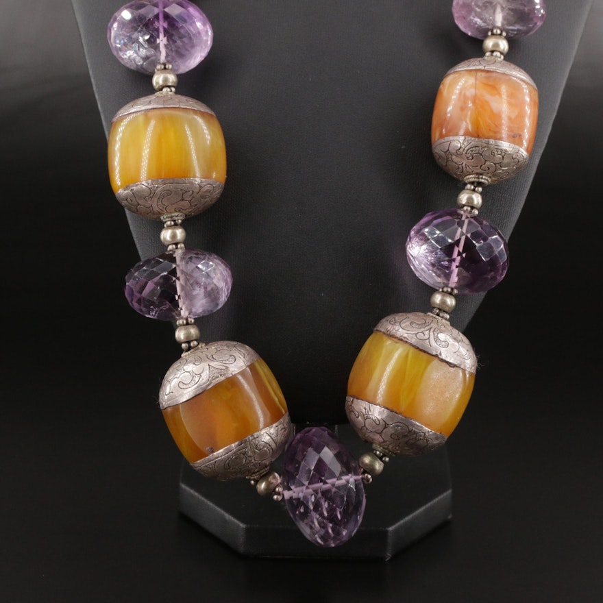 Vintage Sterling Silver Beaded Amethyst and Amber Necklace