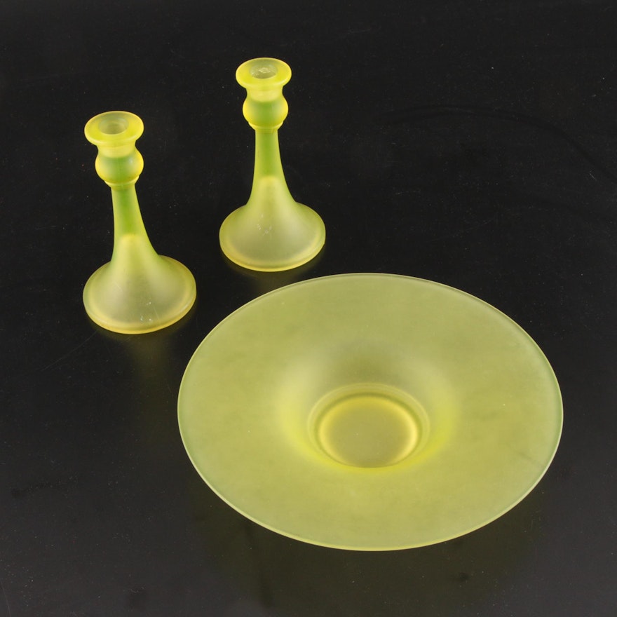 Citron Frosted Glass Bowl and Candlesticks