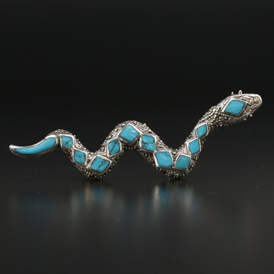 Sterling Silver Turquoise and Marcasite Snake Brooch