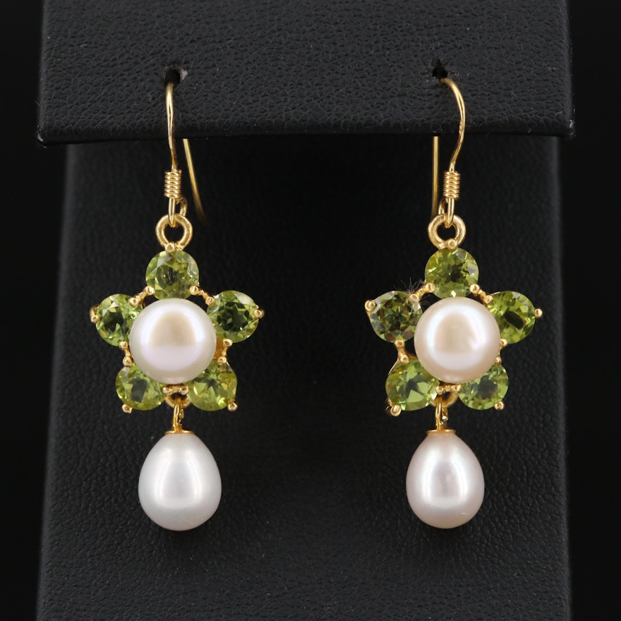 Sterling Silver Peridot and Cultured Pearl Dangle Earrings