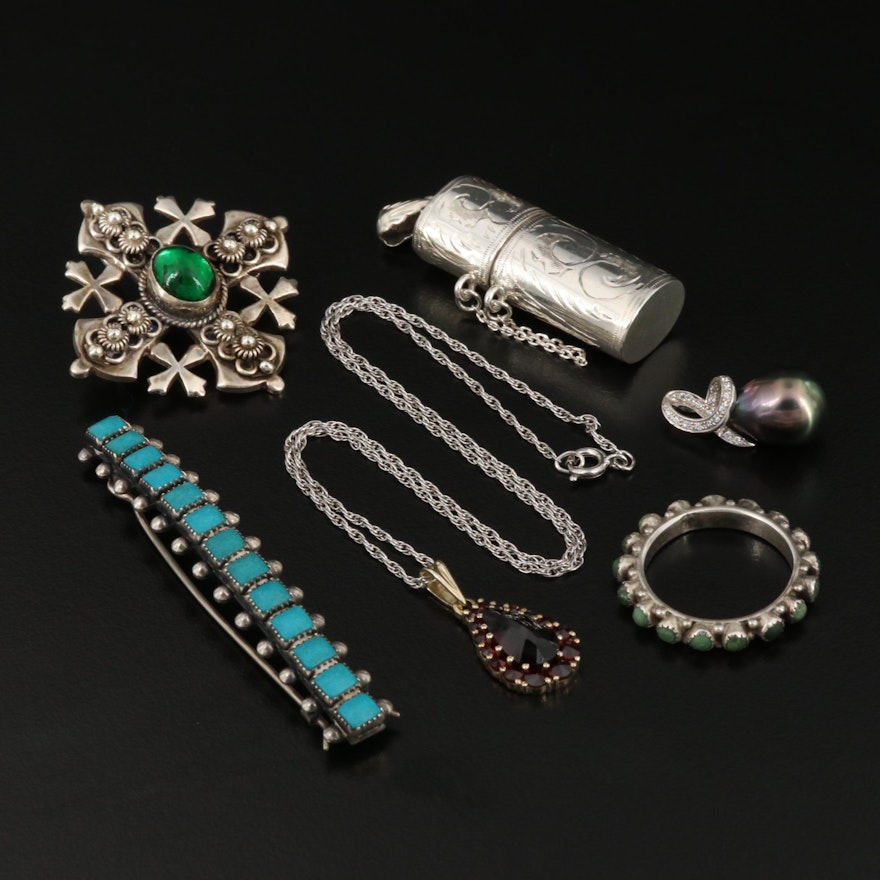 Assorted 900 and Sterling Silver Jewelry Featuring Glass and Cultured Pearl