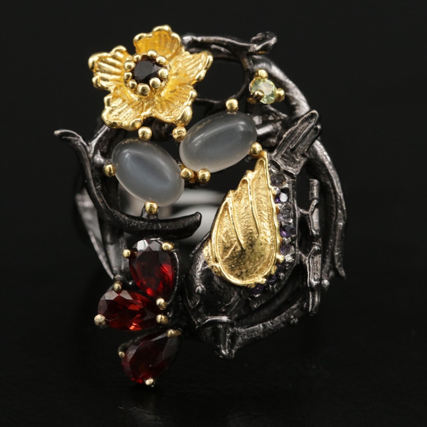 Sterling Silver Moonstone, Garnet, and Amethyst Ring With Floral and Bird Motifs