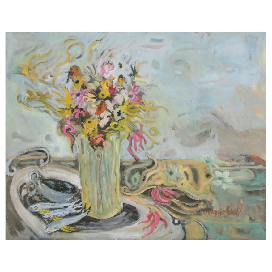 Maggie Smith Surrealist Style Floral Oil Painting, 21st Century