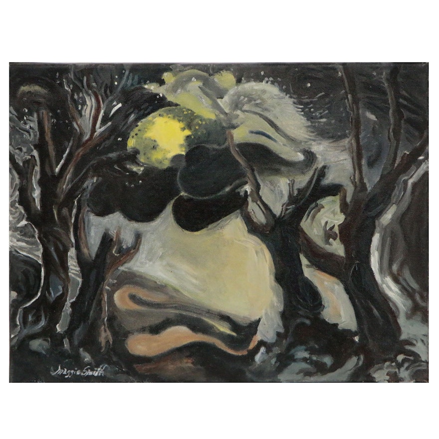 Maggie Smith Surrealist Style Nocturne Landscape Oil Painting, 21st Century