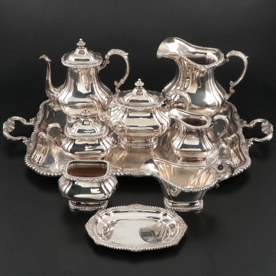 Gorham "Shell & Gadroon" Silver Plate Tea and Coffee Service with Waiter Tray
