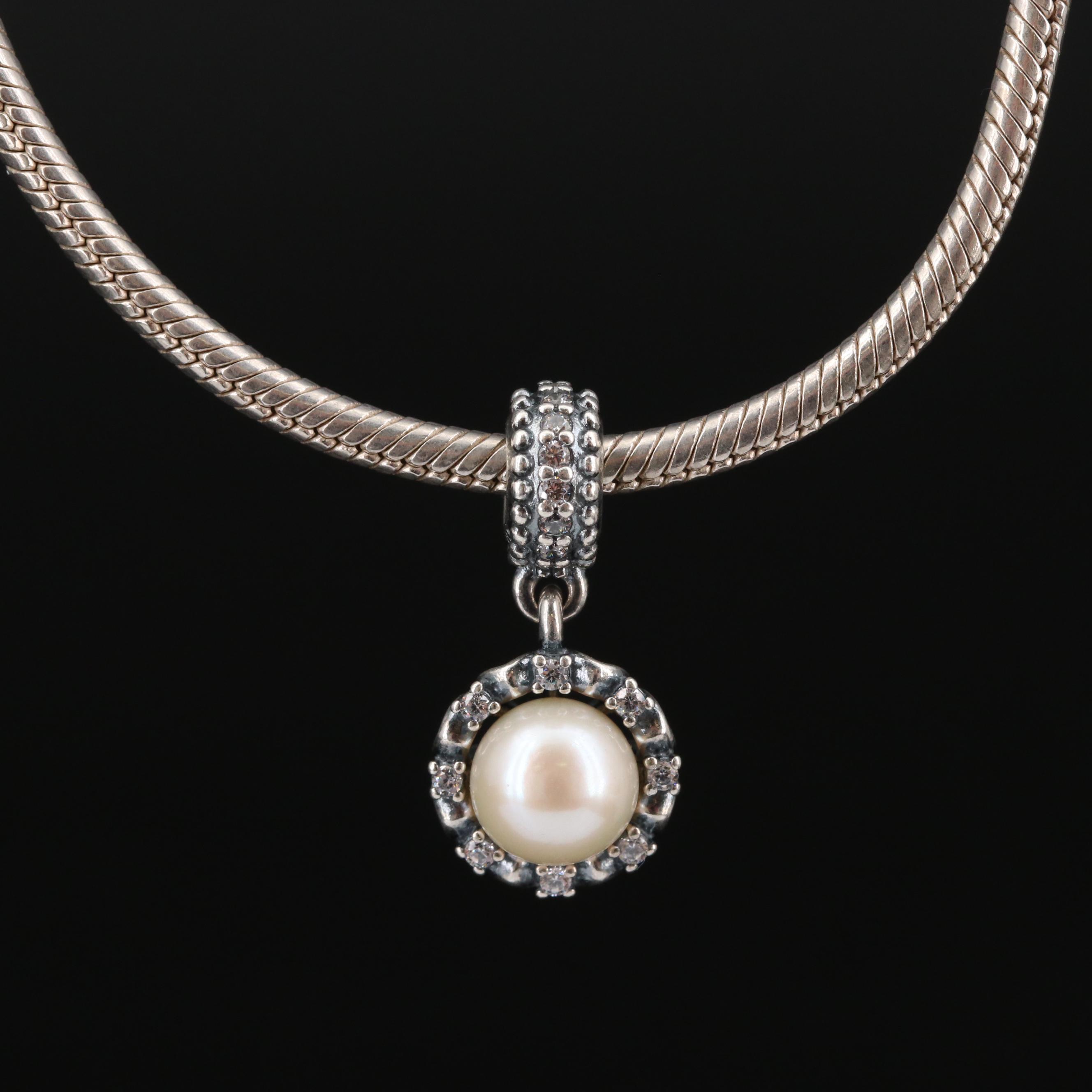 Pandora Sterling Silver Pearl and Cubic Zirconia Charm Necklace