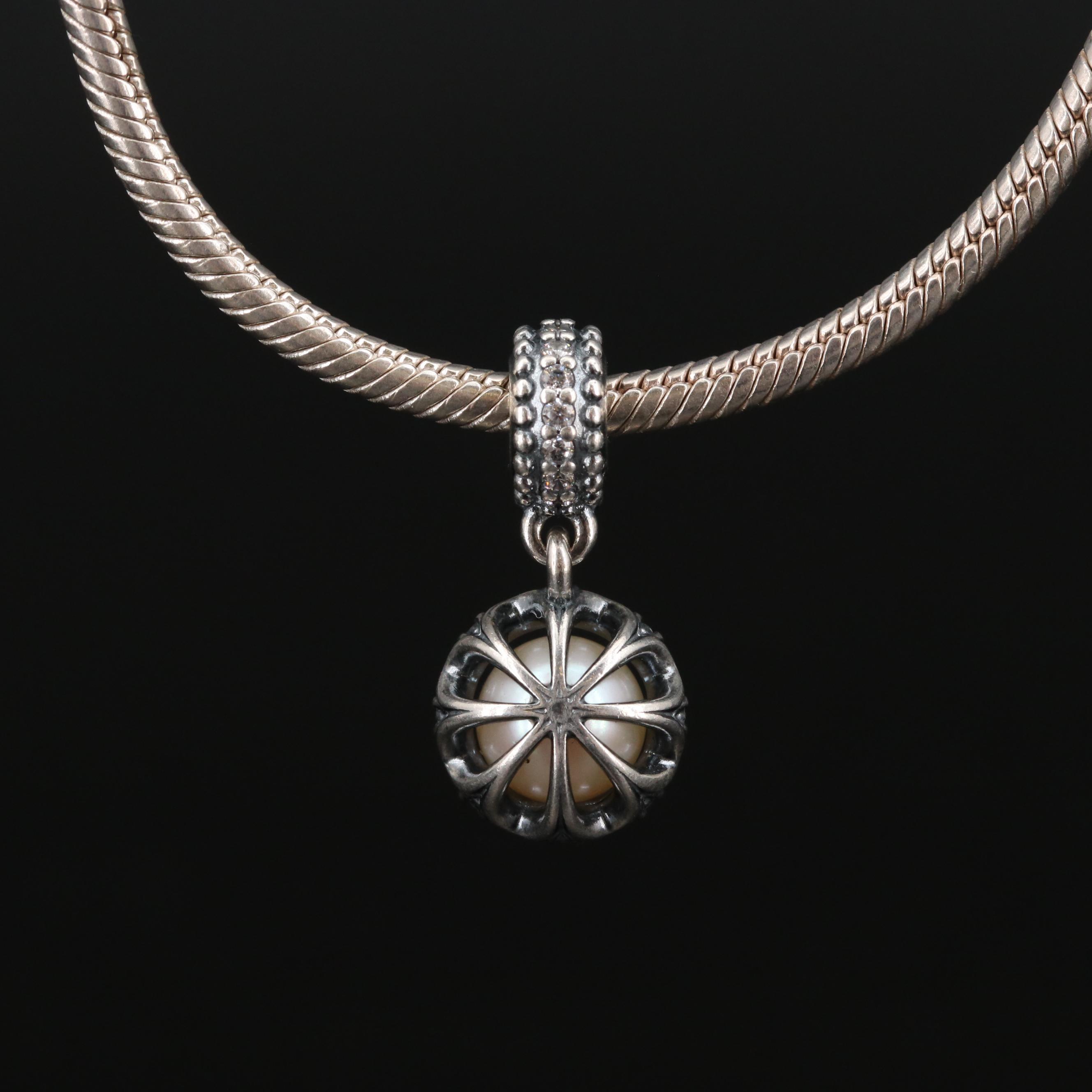 Pandora Sterling Silver Pearl and Cubic Zirconia Charm Necklace