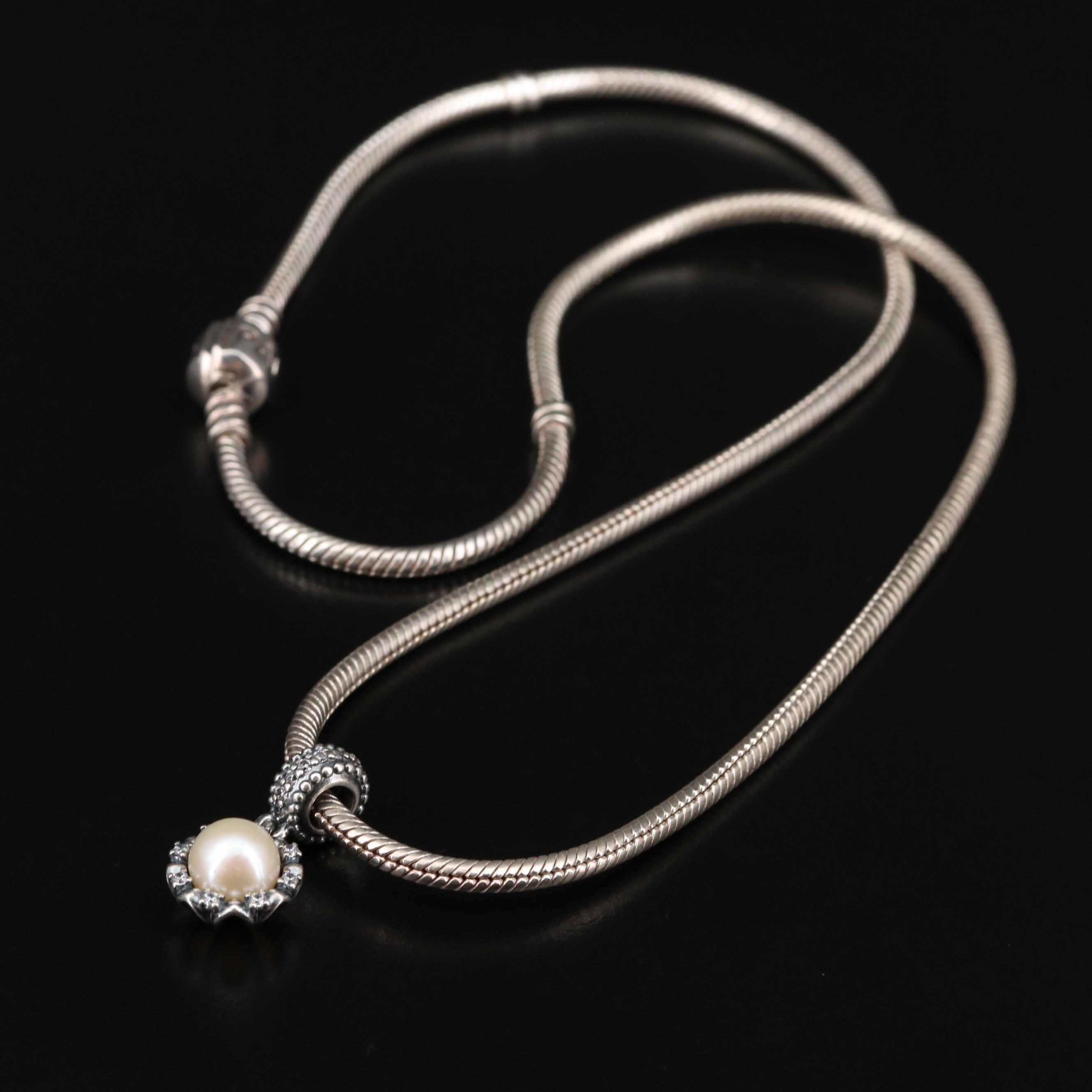 Pandora Sterling Silver Pearl and Cubic Zirconia Charm Necklace