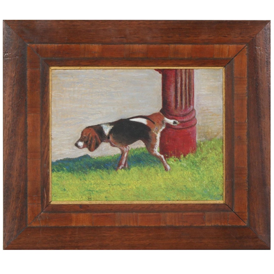 Oil Painting of a Beagle Lifting His Leg