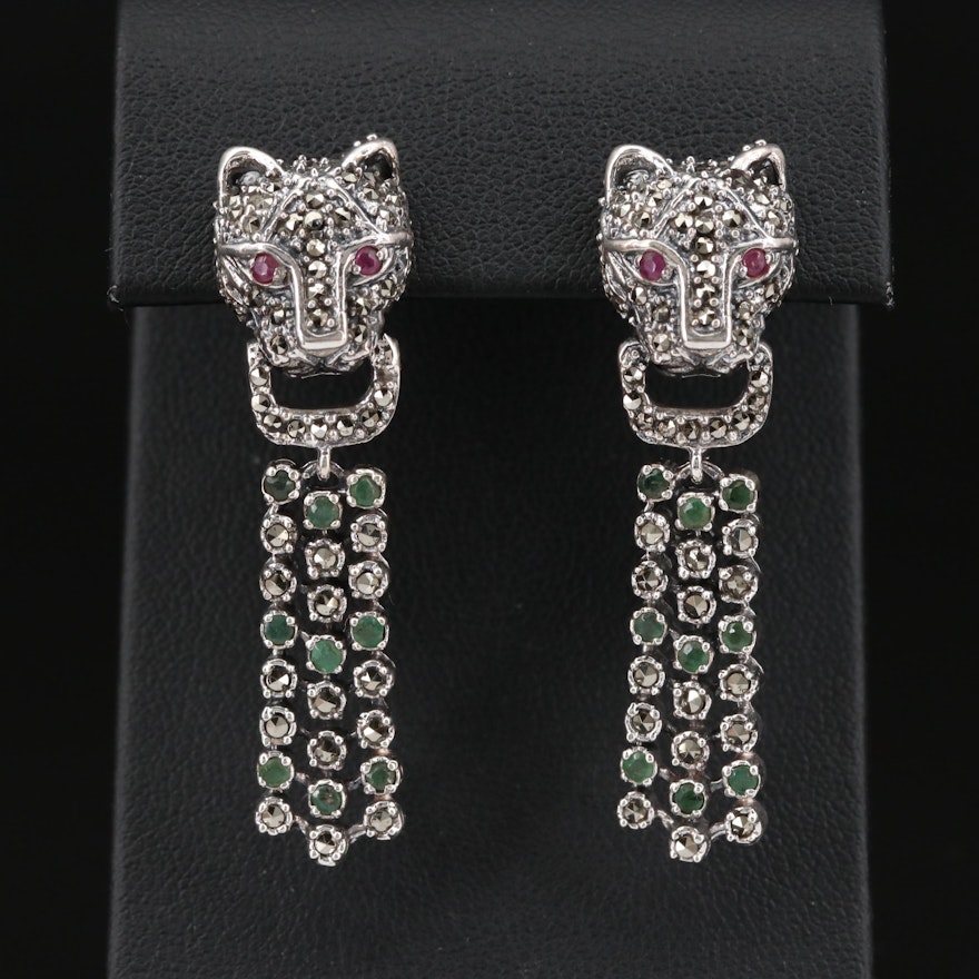 Sterling Silver Emerald, Ruby and Marcasite Panther Drop Earrings