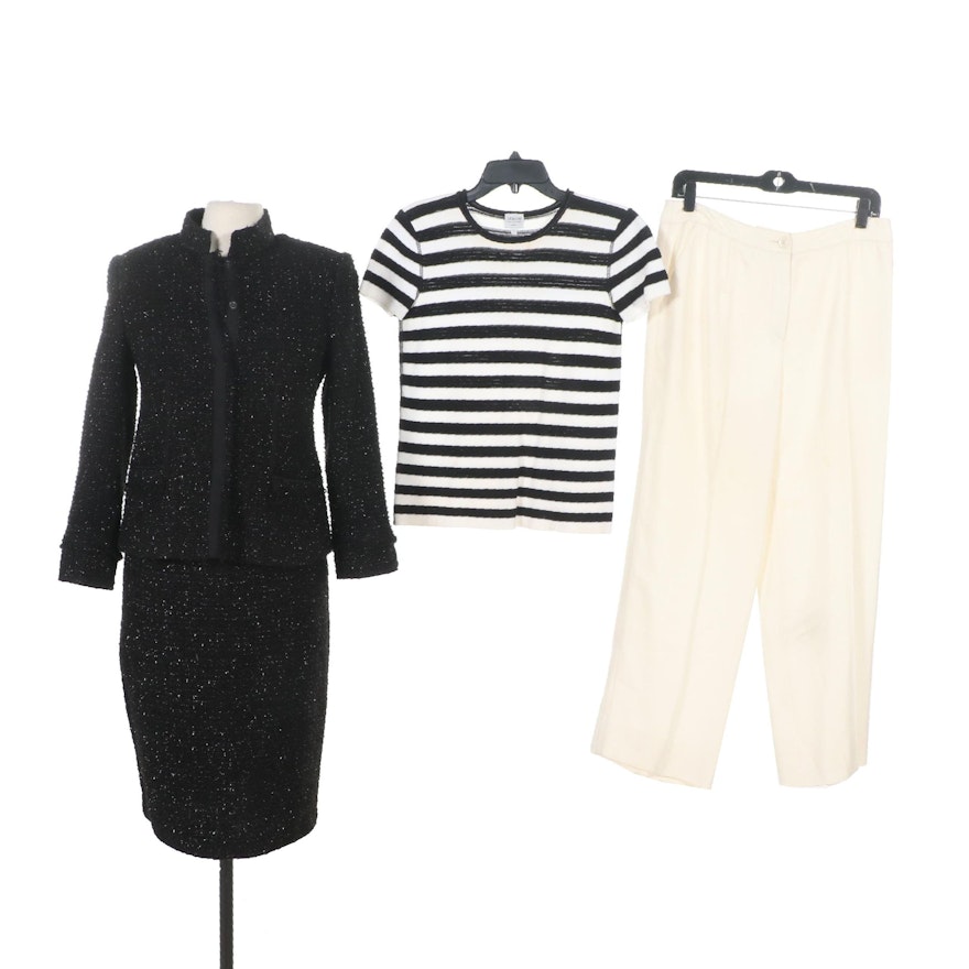 Armani Collezioni Metallic Black Dress Suit with Stripe Knit Top and Ivory Pants