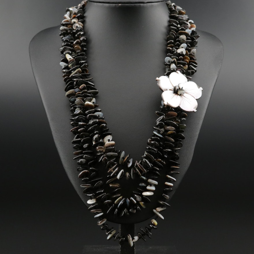 Hand Knotted Mother of Pearl Flower Multi-Strand Necklace