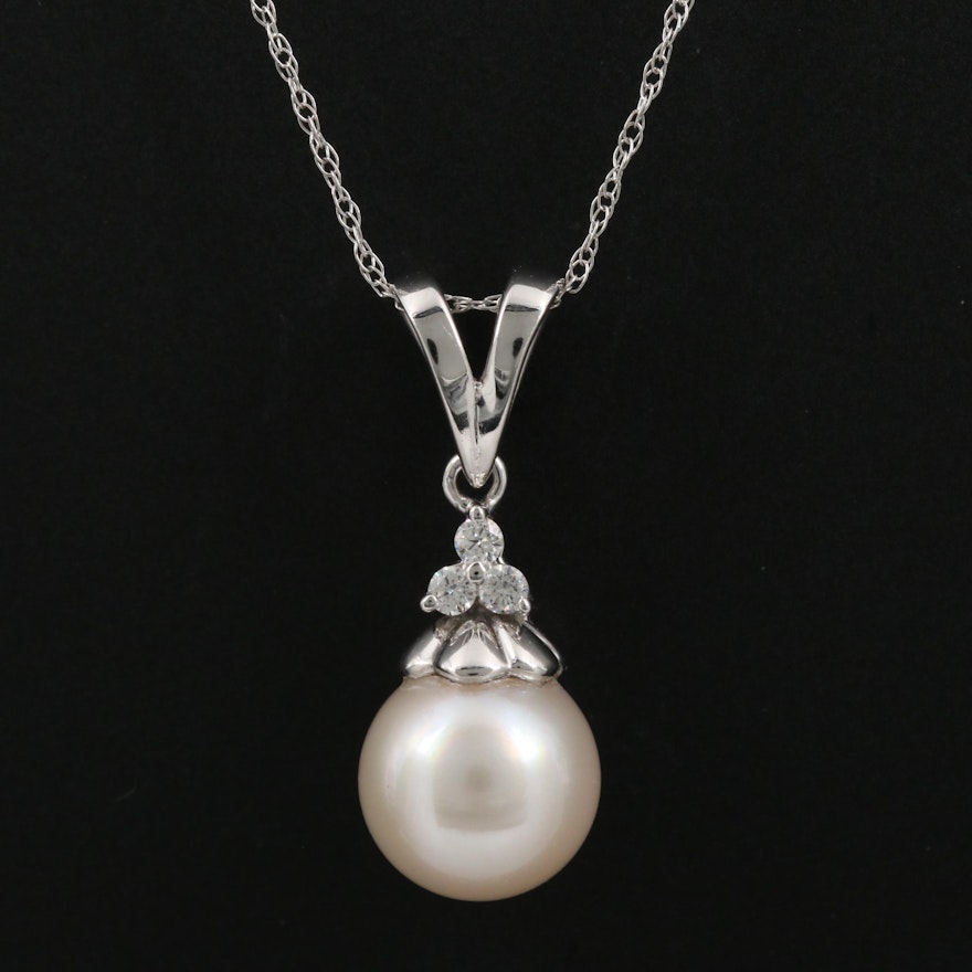 14K Cultured Pearl and Diamond Pendant Necklace