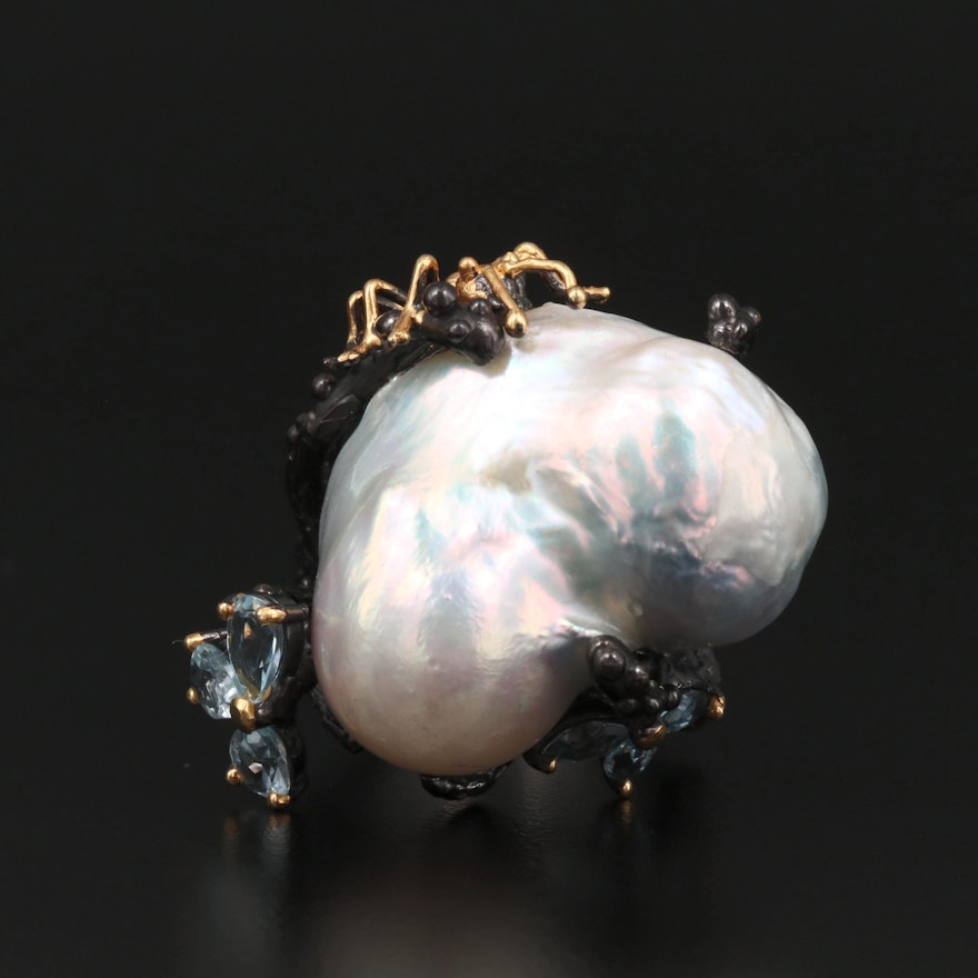 Sterling Silver Topaz and Cultured Pearl Insect Ring