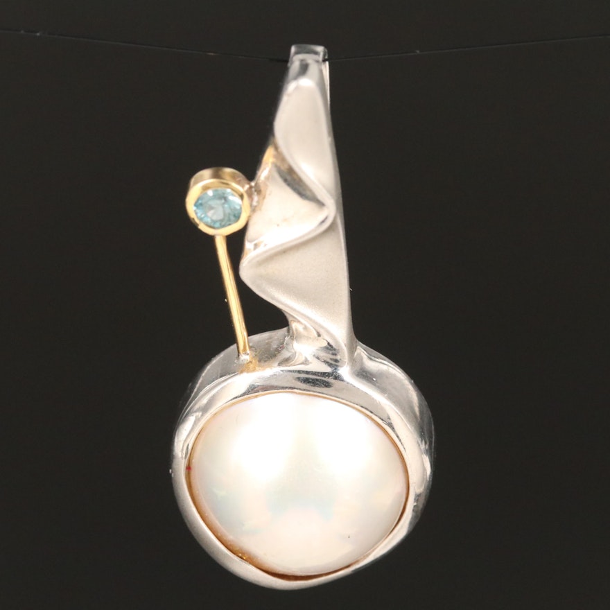 Sterling Silver Mabé Pearl and Blue Zircon Pendant with 18K Accent