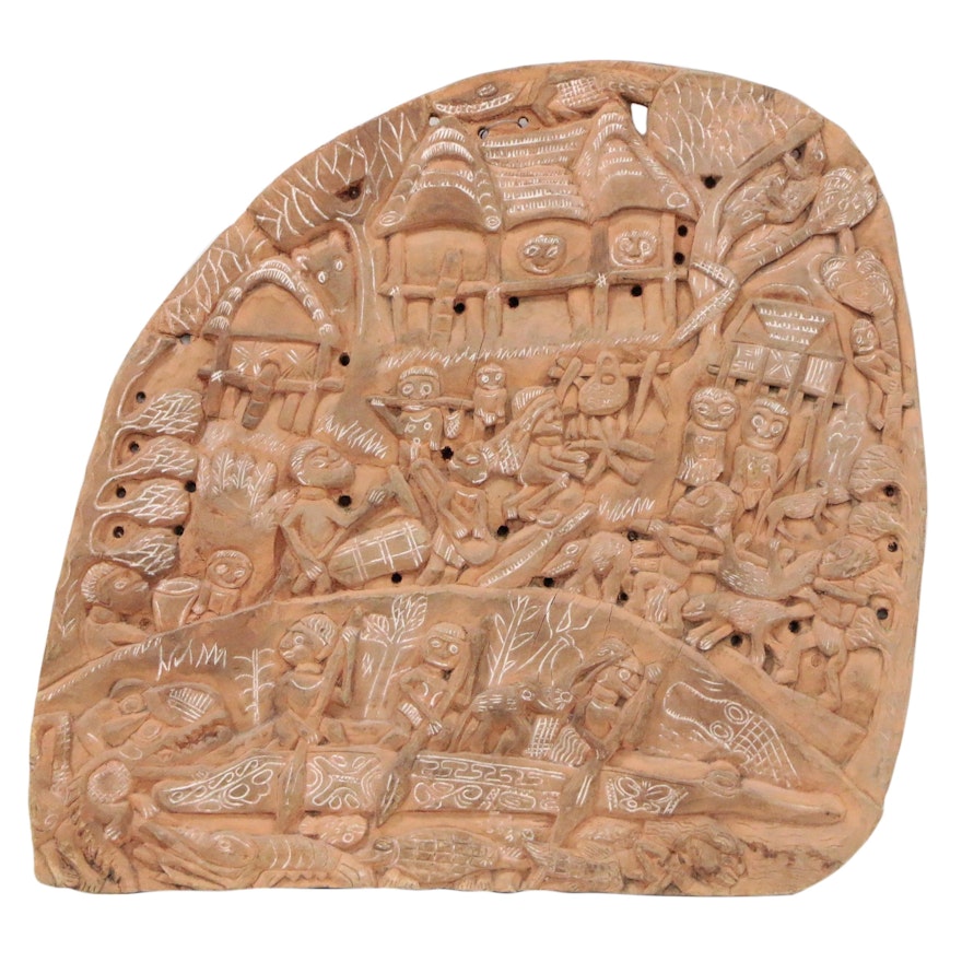 East Sepik Carved Wood Story Board of Village Scene