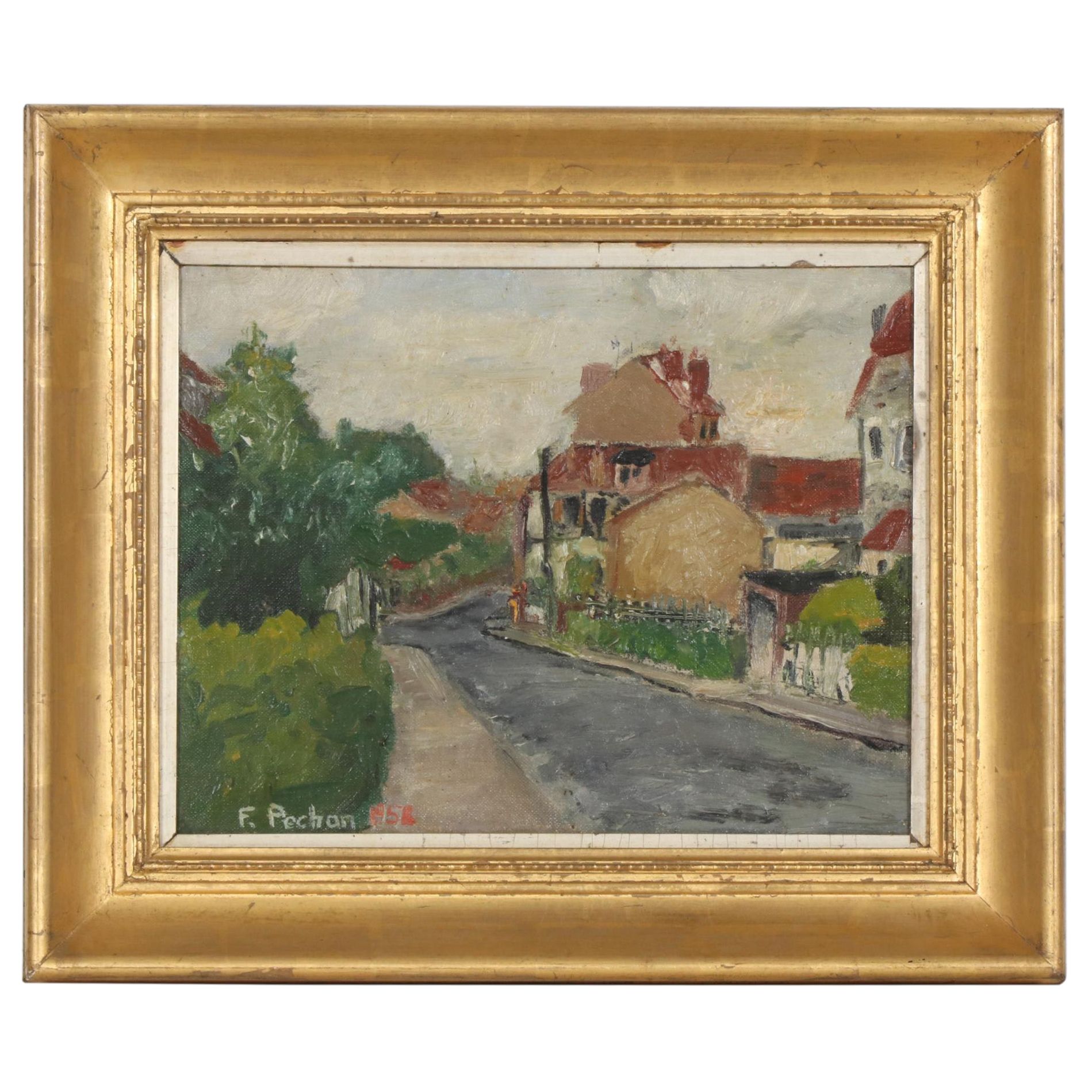 Village Street Landscape Oil Painting, 1958