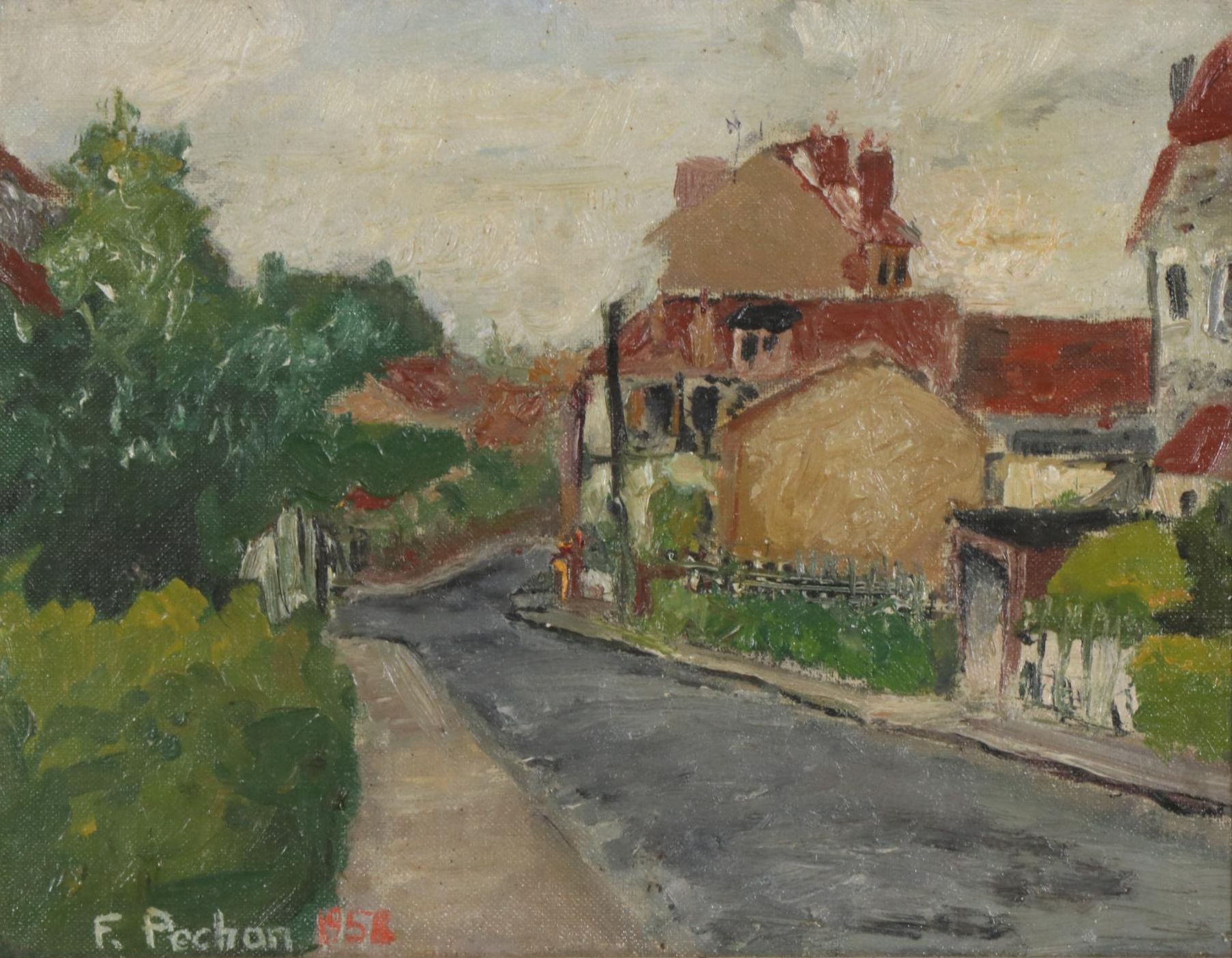 Village Street Landscape Oil Painting, 1958