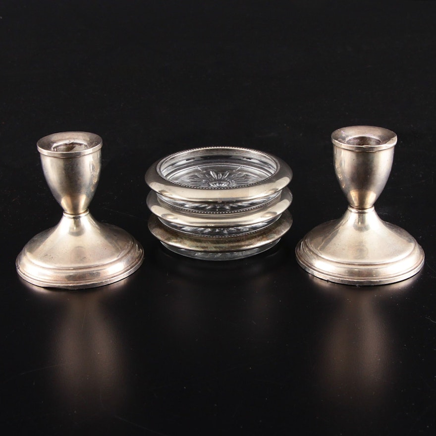 Sterling Silver Candle Holders and Leonard Silver Plate and Cut Glass Coasters