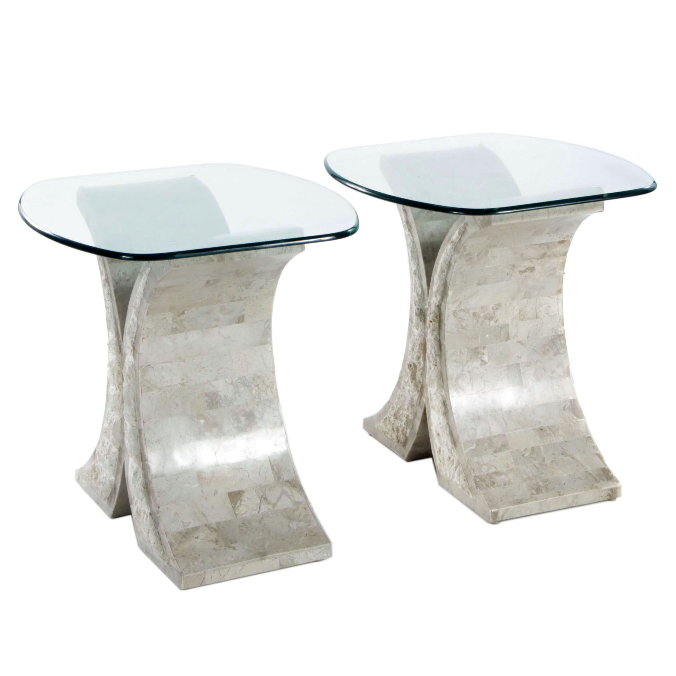 Pair of Contemporary Tessellated Marble and Glass End Tables