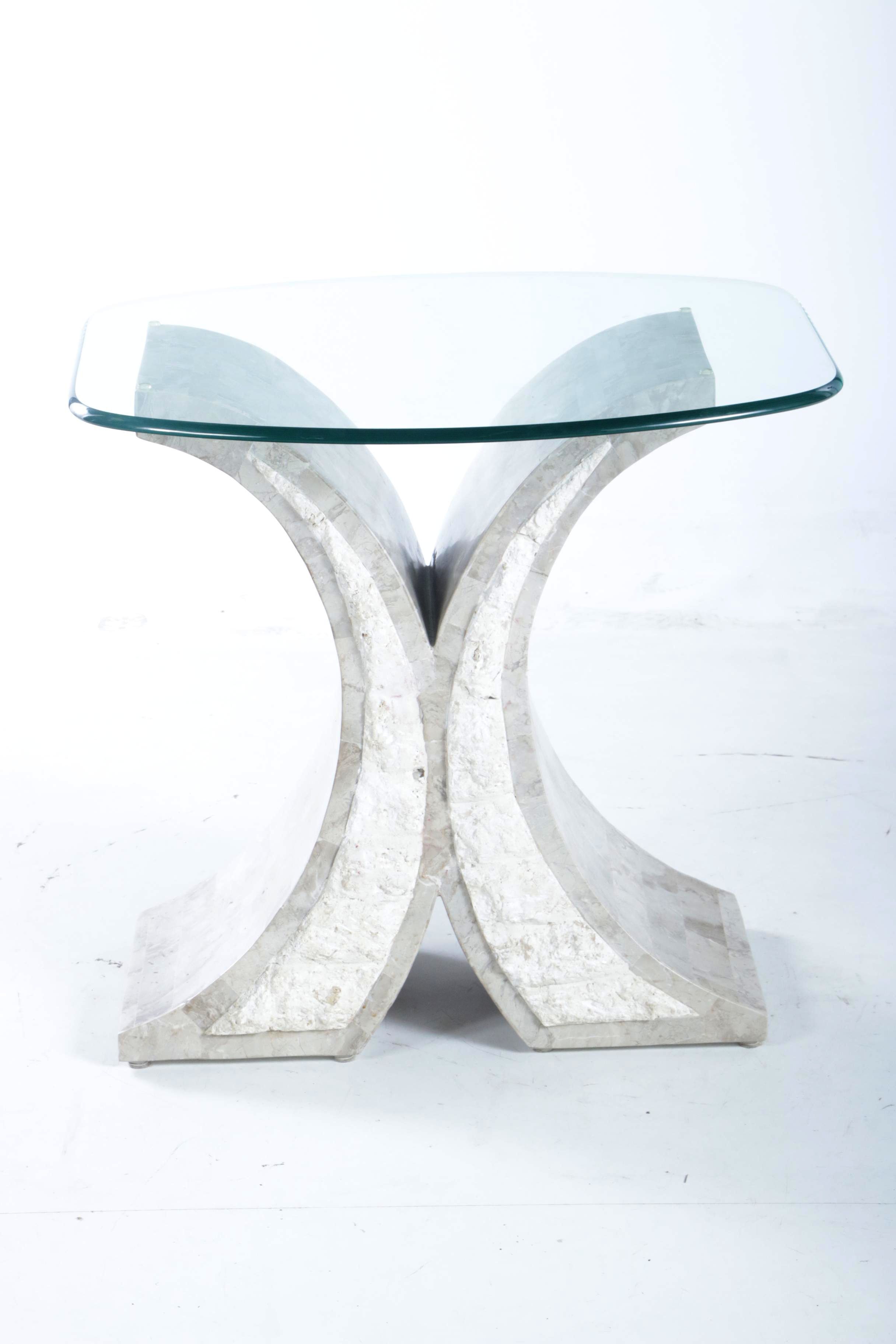 Pair of Contemporary Tessellated Marble and Glass End Tables