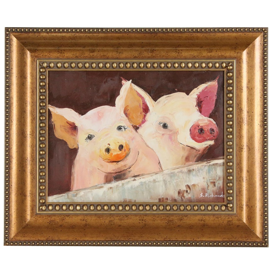 Oil Painting of Two Pigs, Late 20th to Early 21st Century