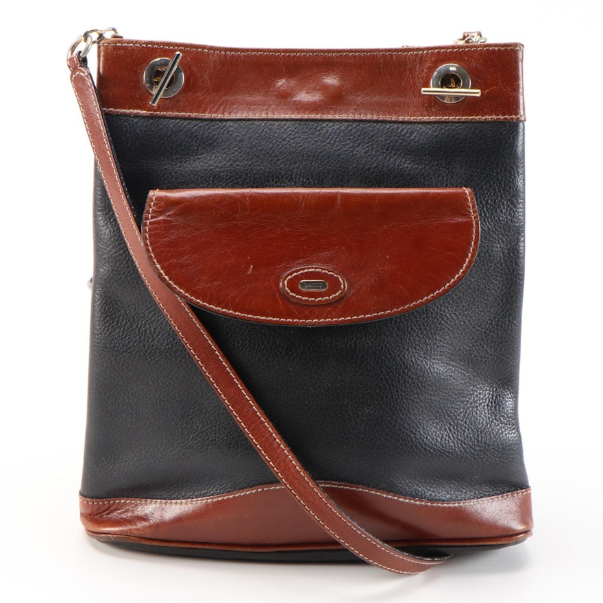 Bally Shoulder Bag in Black Grained Leather with Smooth Brown Leather Trim