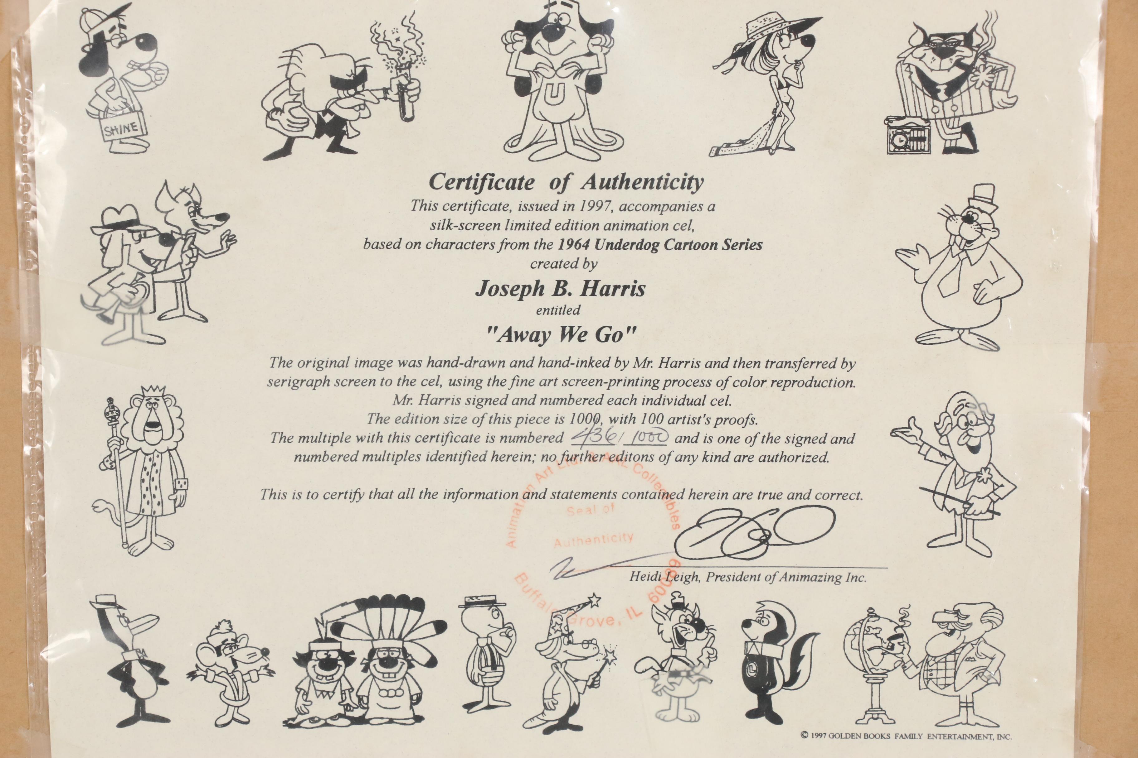 Joe Harris Underdog Animation Sericel "Away We Go", 1997