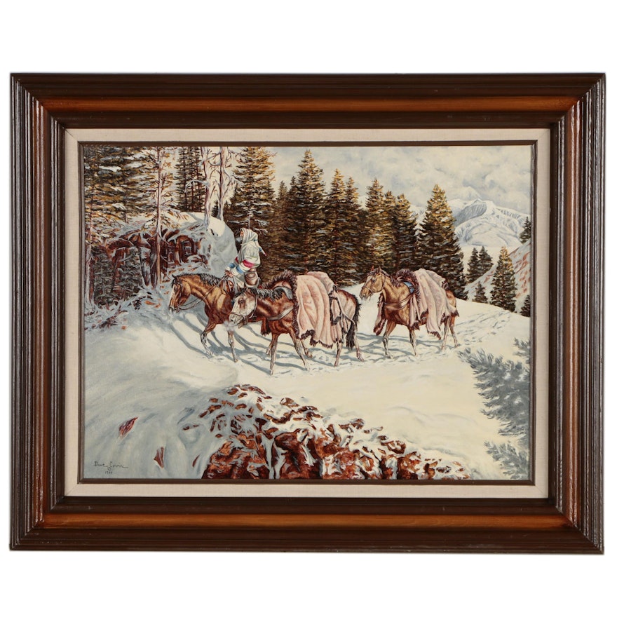 Dave Covin Winter Landscape Oil Painting of Traveler on Horseback, 1984