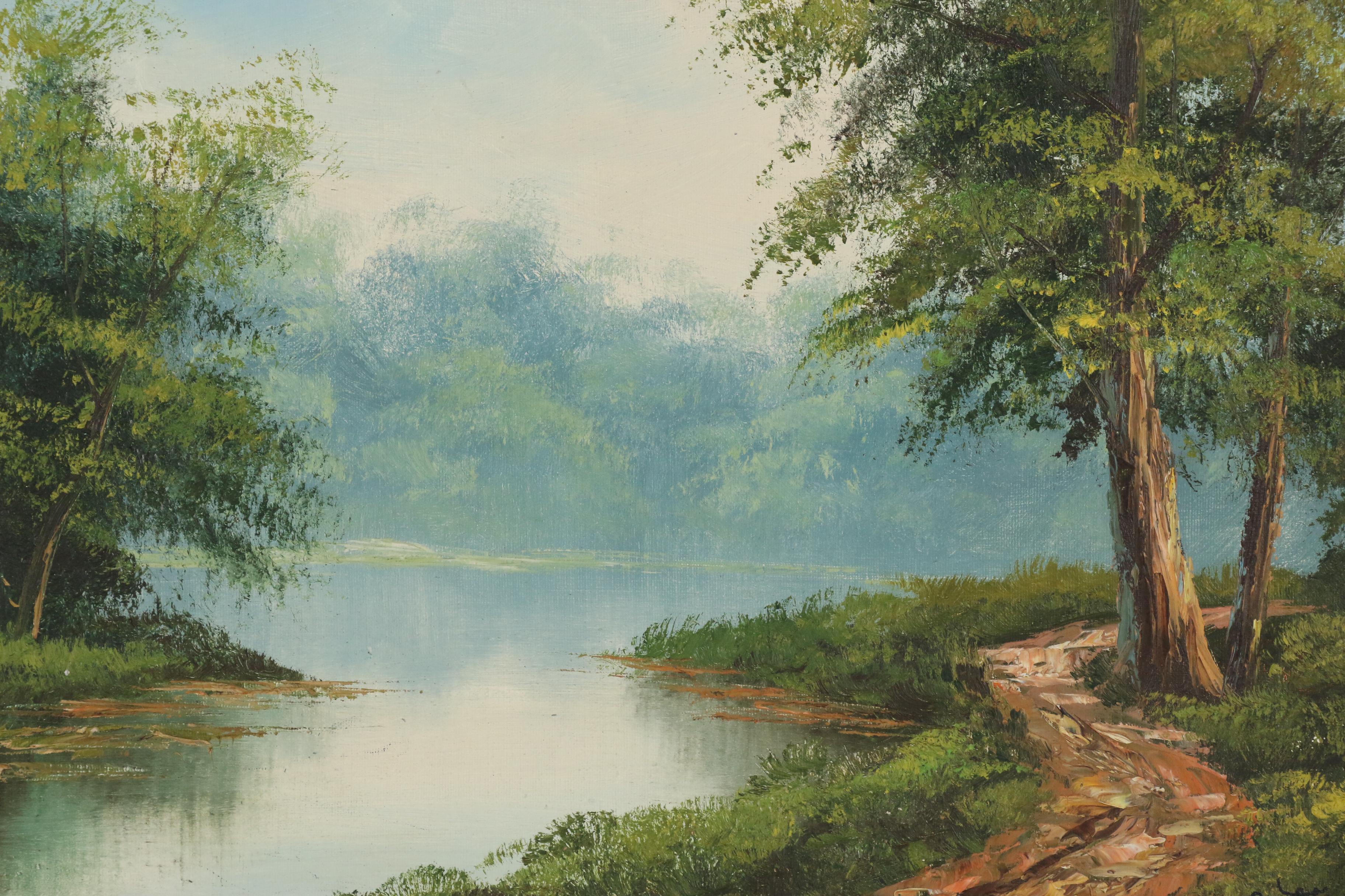 Anthony Cabbetti Lakeside Landscape Oil Painting, Late 20th Century