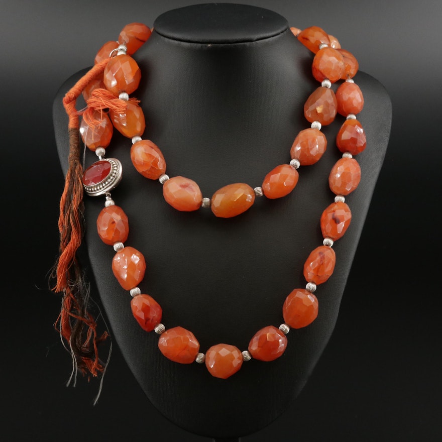 Beaded Agate Necklace With Sterling Silver Carnelian Clasp