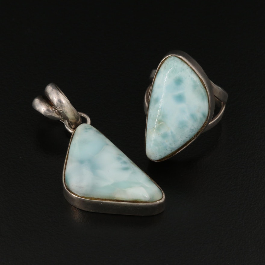 Sterling Silver Larimar Ring and Pendant Set