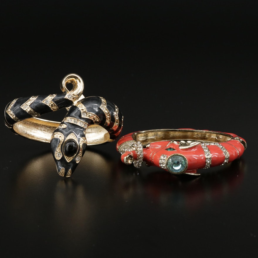 Rhinestone and Enamel Hinged Bracelets Featuring Elephant and Snakes Designs