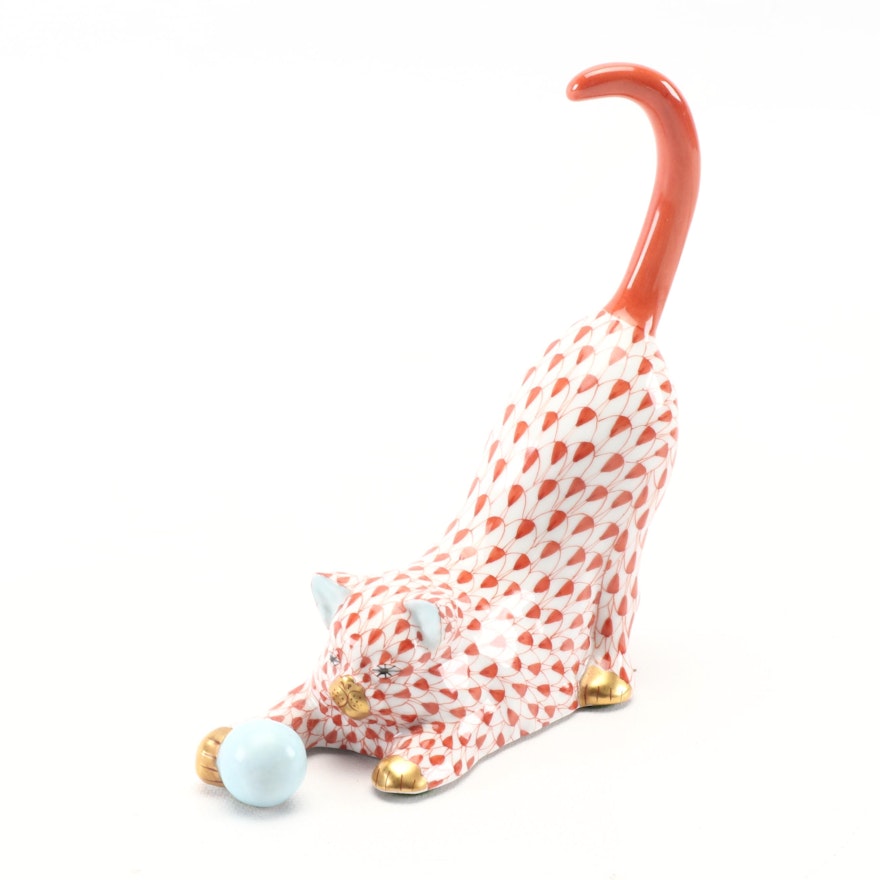 Herend Rust Fishnet "Cat with Ball" Porcelain Figurine, Mid to Late 20th Century
